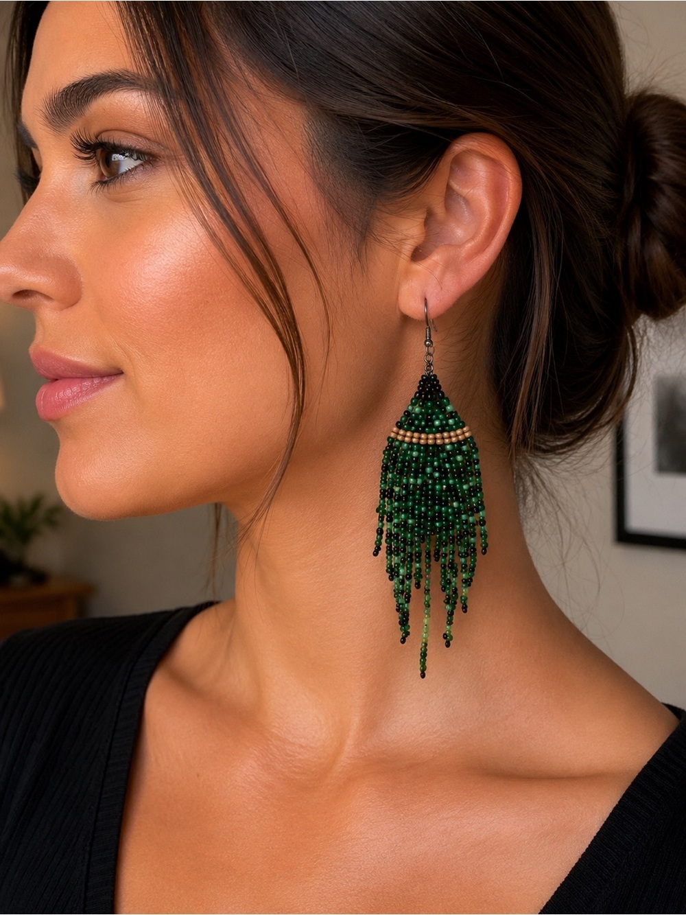 Green & light brown Beaded Fringe Earrings | Handmade Statement Jewelry